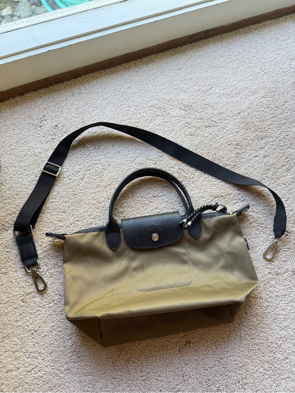 Longchamp Olive Messenger Bag with Black Trim and Strap